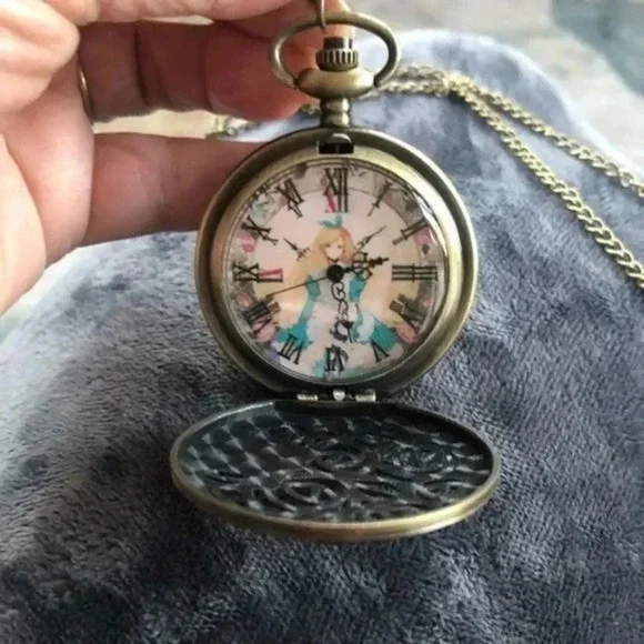 Alice in Wonderland Anime Style Face Bronze Pocket Watch and Chain NWT - Picture 3 of 5